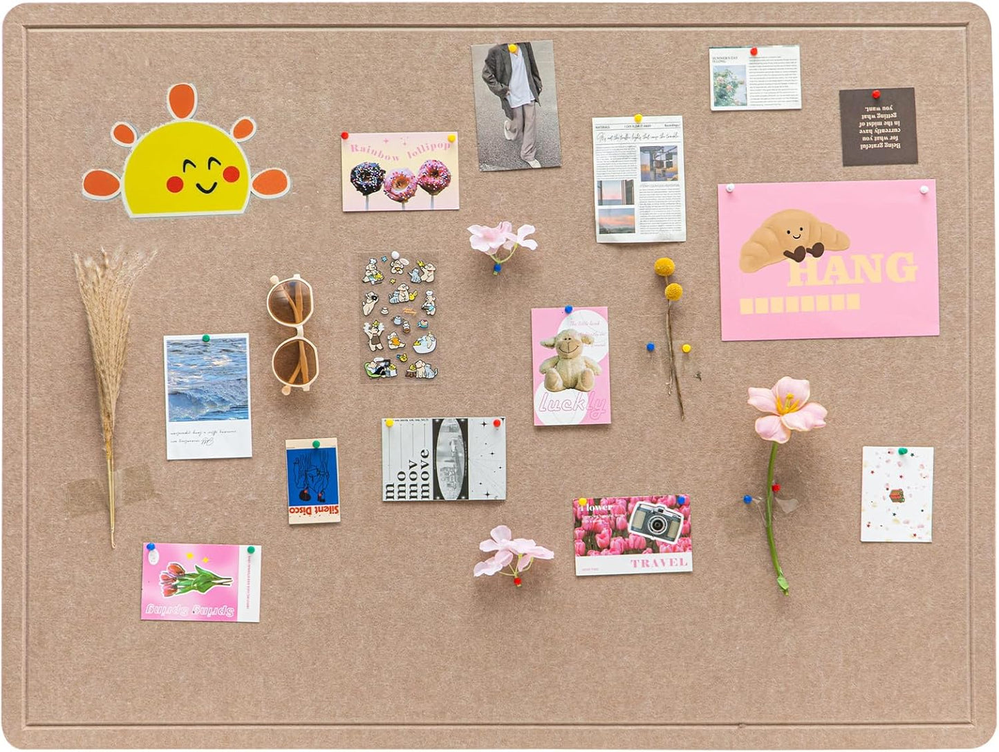 Foldable Large Felt Bulletin Board for Wall 48"x 36", Decorative Picture Framed Display Board with Self-Adhesive Tape for School, Home, Kitchen & Office Walls, Includes 30 Pins, Oatmeal