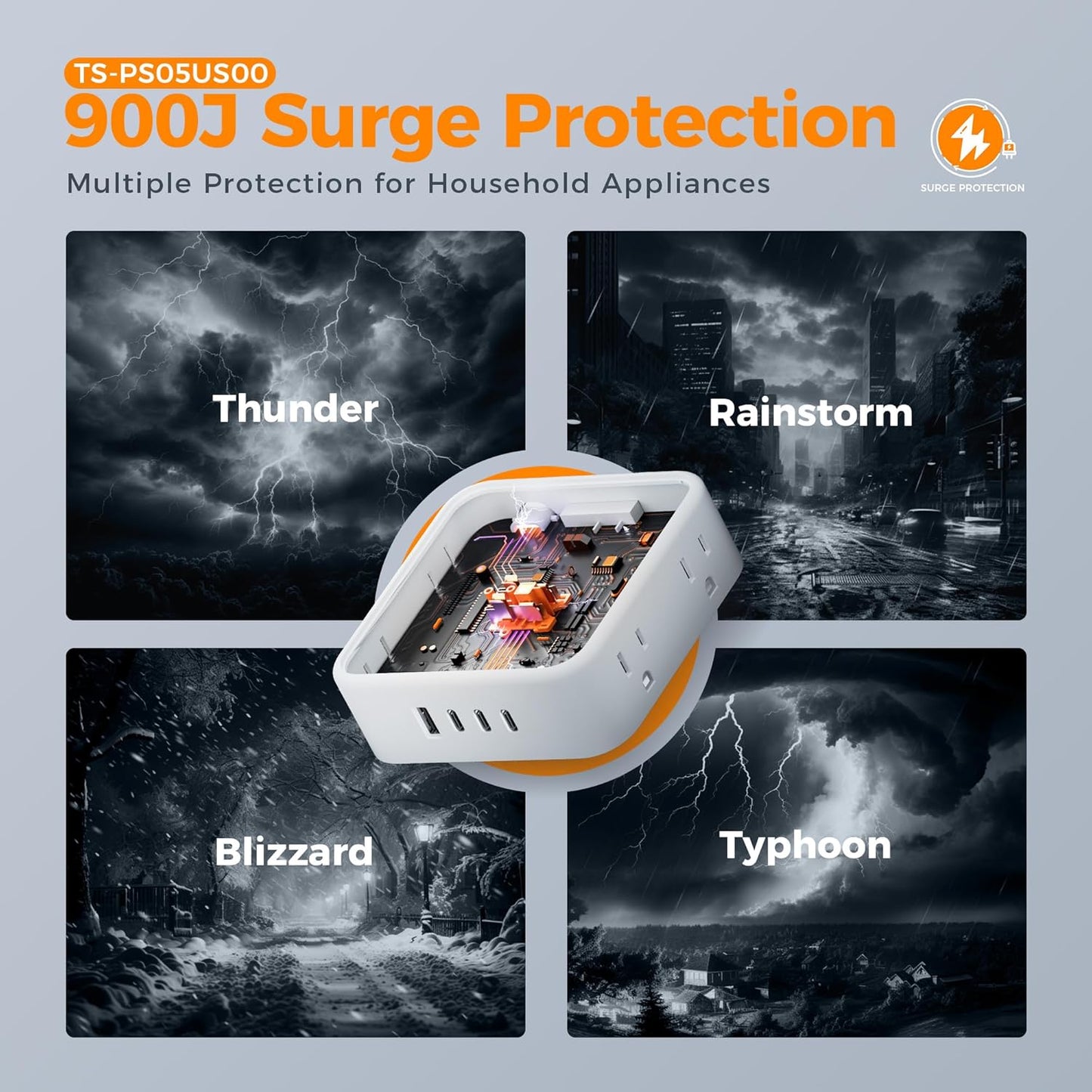 Surge Protector Power Strip, TESSAN 5 FT Extension Cord with Multiple Outlets Flat Plug, 4 USB (3 USB C) and 8 AC Outlets, 900J Protection, Wall Mount Charging Station for Home Office Supplies