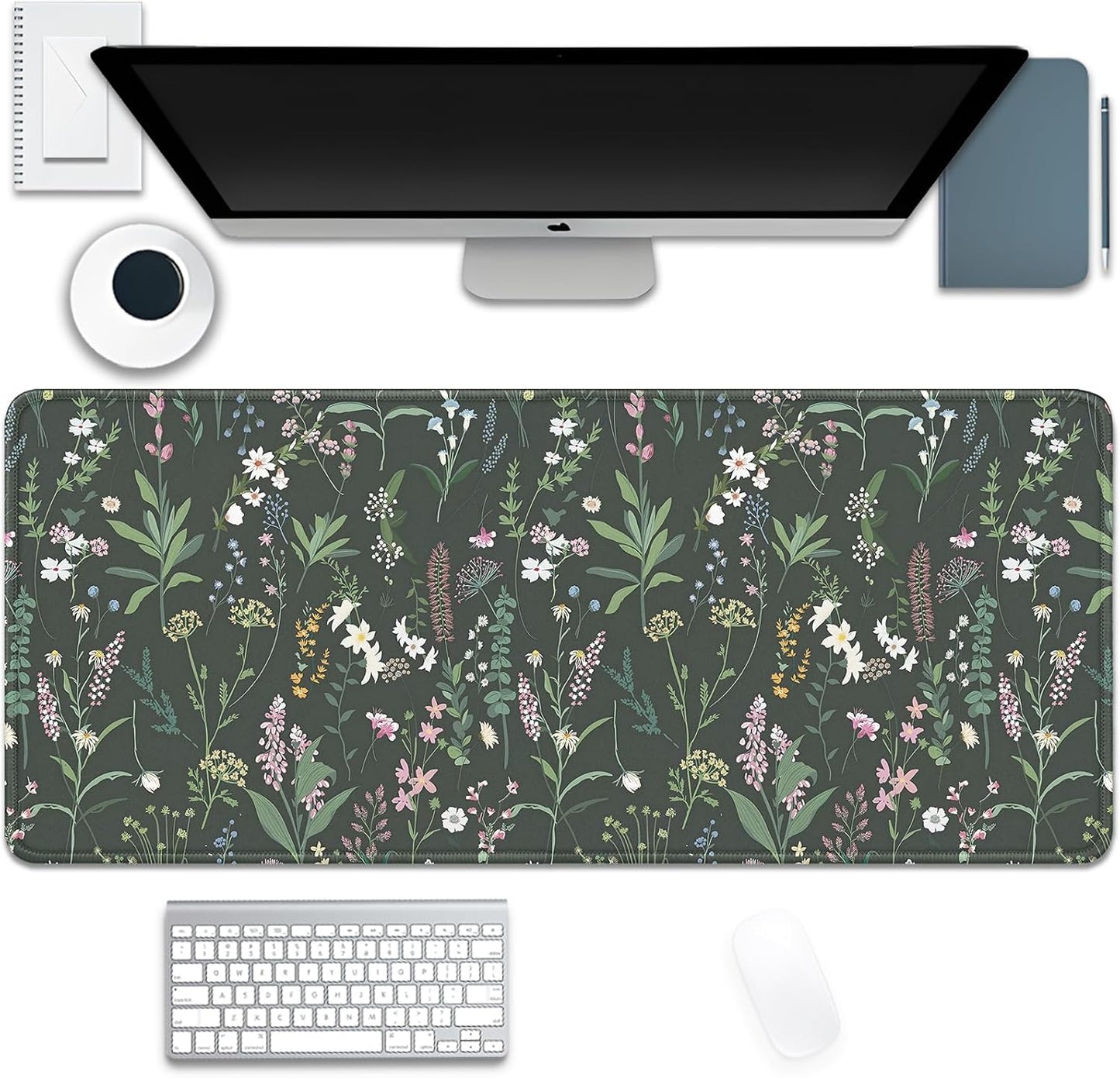 Green Plant Floral Mouse Pad,Large Flowers Mousepad Desk Pad with Stitched Edges,Non-Slip Waterproof Rubber Base Mouse Mat for Office Computer Keyboard Laptop Home(27.5x11.8 in)