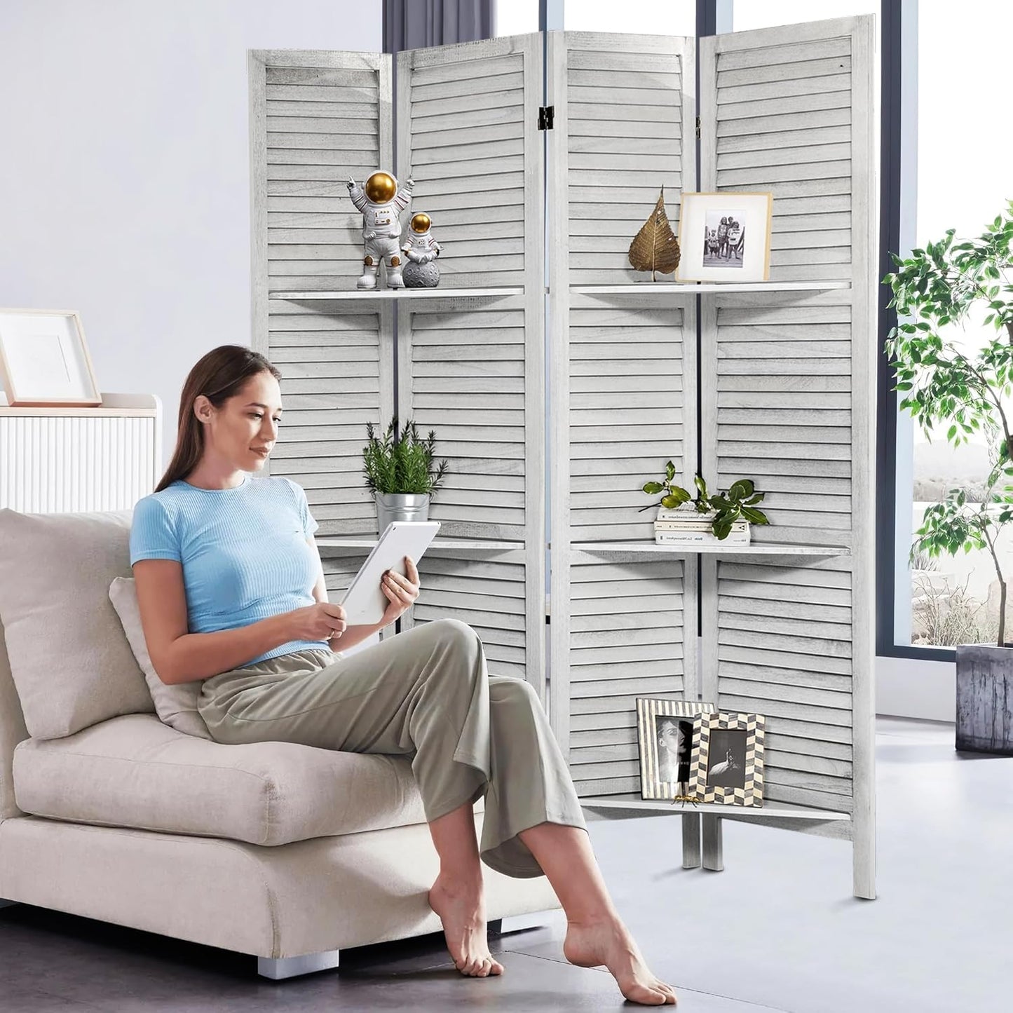 Room Divider with Shelves, 5.6FT Folding Room Divider Panel, 4 Panel Wood Partition Wall Divider for Room Separation, White