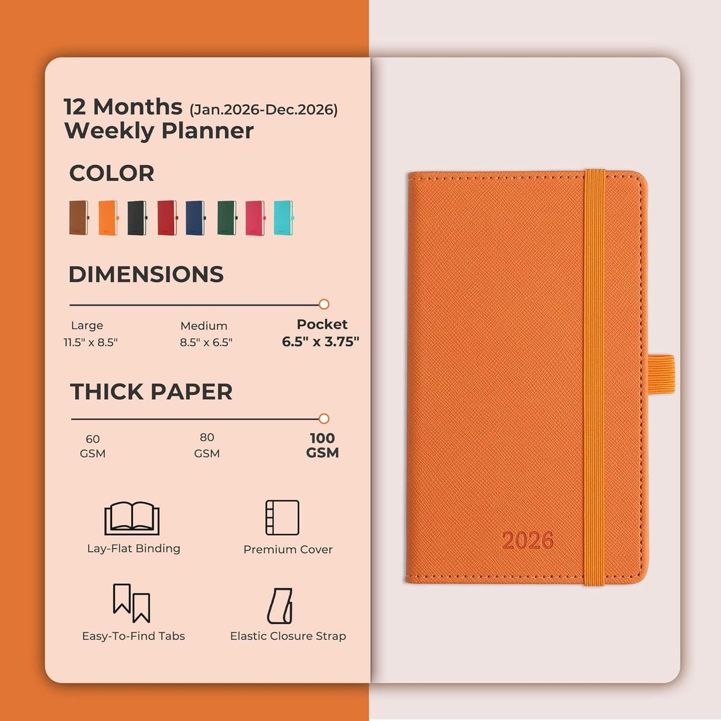 Weekly Monthly 2026 Planner (Jan.26-Dec.26),6.5"x3.75",12 Months Agenda Plan with Month Tabs & Pocket,Expenses/Note Pages, Appointment Book Calendar with Hardcover Vegan Leather Cover,Orange