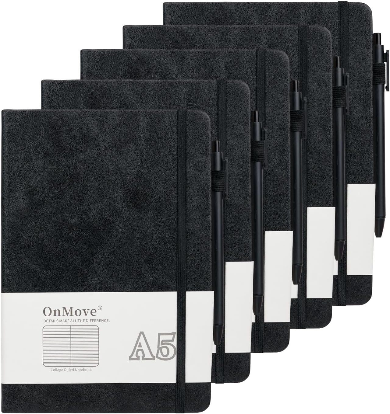 Notebooks Journal for Women Men 5 Pack Bulk Leather Hardcover with Pen Holder A5 160 Pages 100 GSM Thick Paper for Work School Lined Black