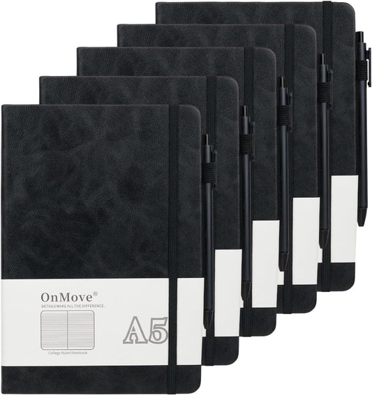 Notebooks Journal for Women Men 5 Pack Bulk Leather Hardcover with Pen Holder A5 160 Pages 100 GSM Thick Paper for Work School Lined Black