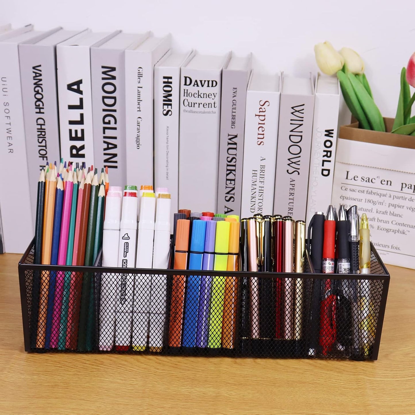 Black Mesh Pen Pencil Holder, Small Metal Desk Organizer Desktop Stationery Office Supplies Acessories Storage Stand, 5 Compartments Brushes Holder for Home School Classroom Teachers