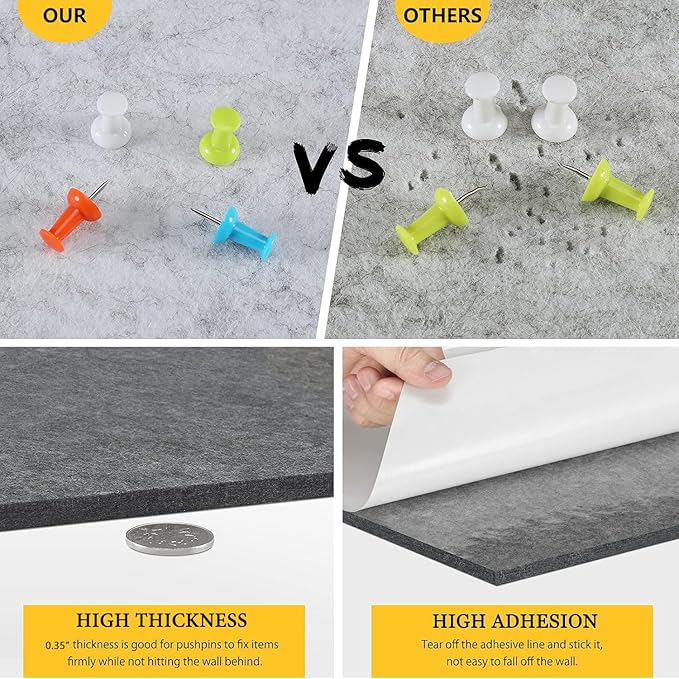 12" Large Bulletin Board with 15 Push Pins, Pack of 4 Hexagon Felt Pin Board Notice Boards for Home Office, Felt Wall Tiles for Photos Memos (Black Grey)