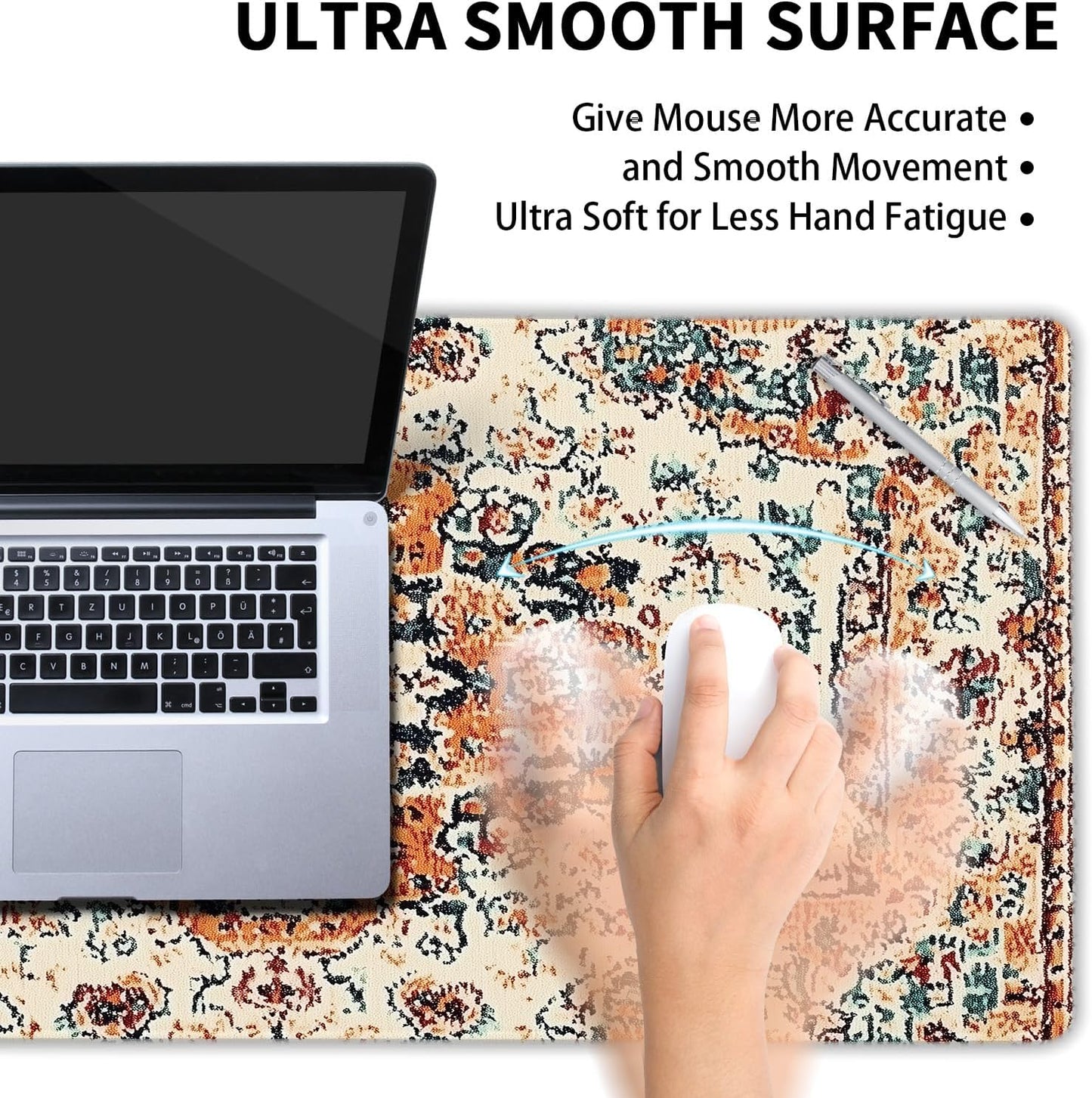 Vintage Rug Gaming Mouse Pad XXL Orange Teal Retro Carpet Aesthetic Extended Large Mat Bohemian Boho Mousepad Desk Pad Non-Slip Rubber Base Stitched Edge Flower Keyboard Pad for Computer,35.4x15.7 in