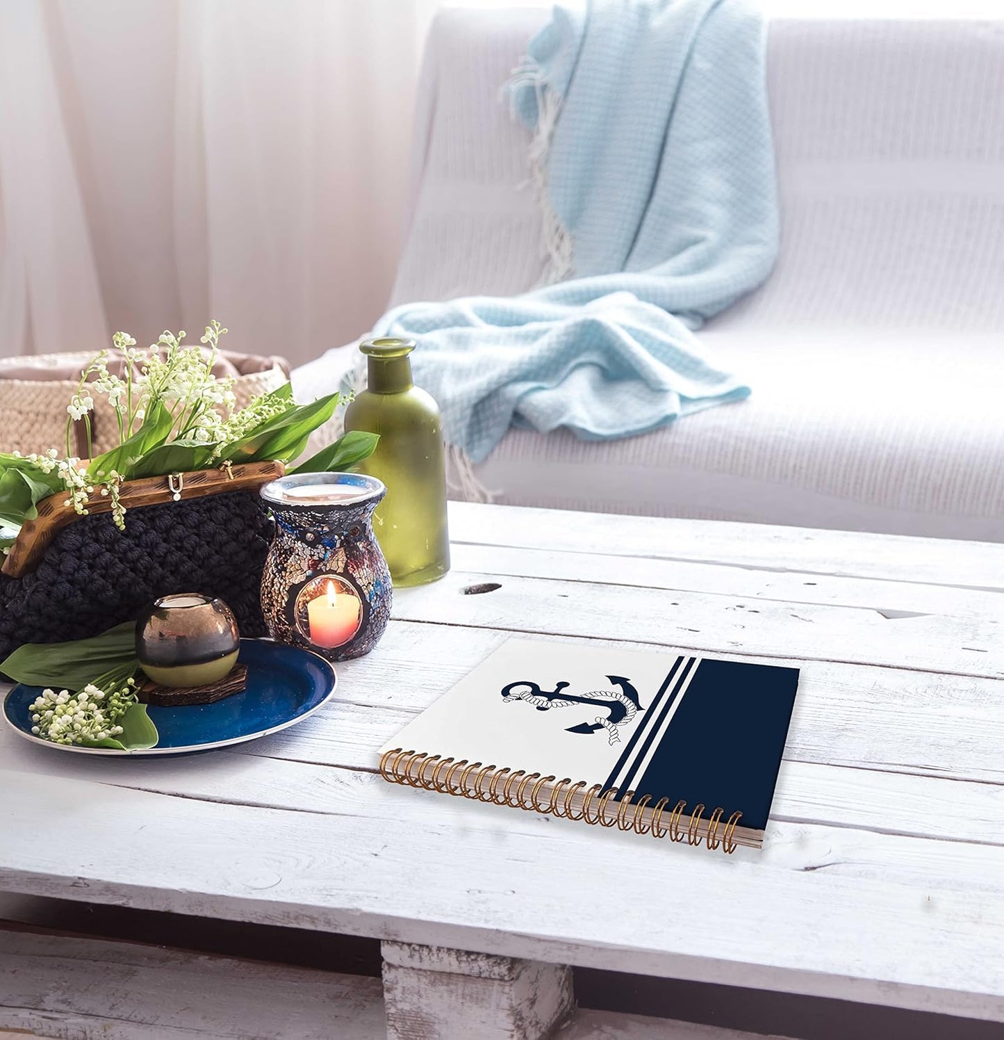 Navy Nautical Anchor Rope Ship Steering Wheel Lined Spiral Journal Notebook 8.3×5.5 Inches Hardcover College Ruled Notebook for Work Note Taking Journaling,Ocean Lover Gifts,Sailor Gifts