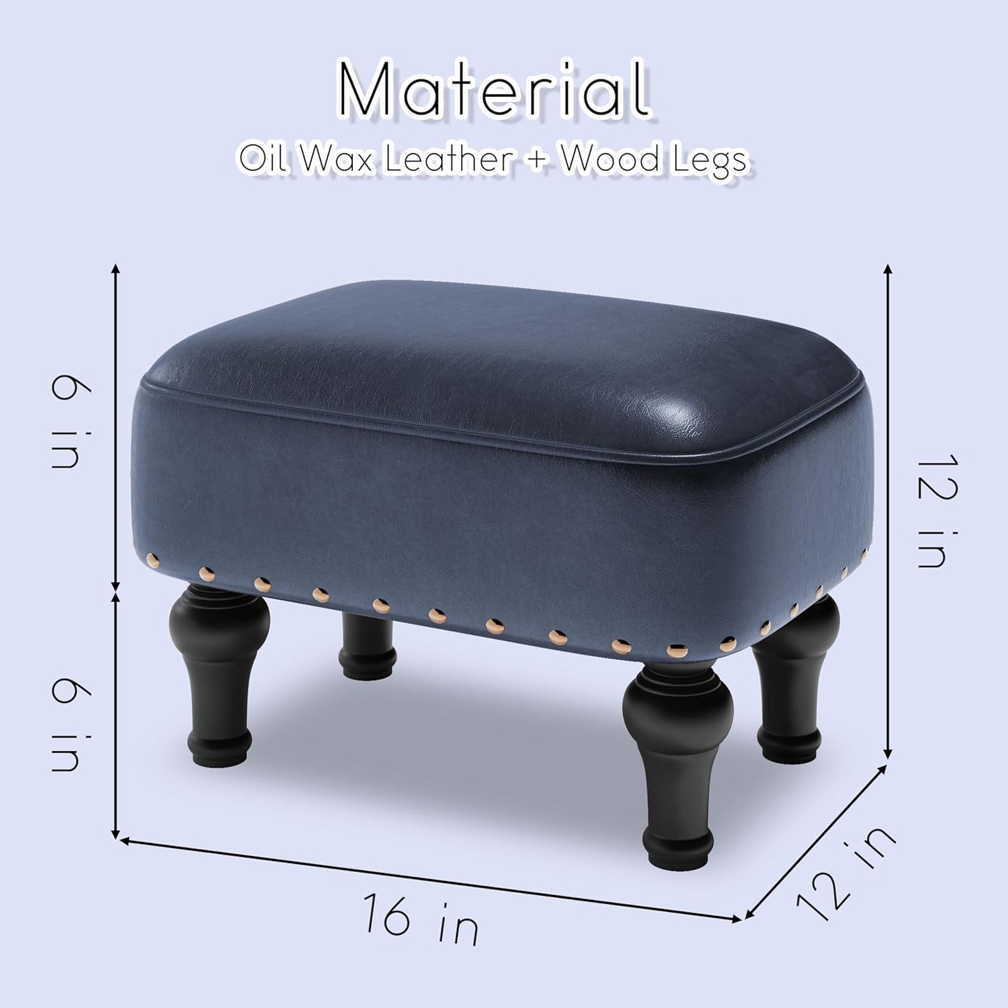 Ottoman Leather Foot Rest with Thicker Foam Padded Seat, Footstool with Wooden Legs (Blue)