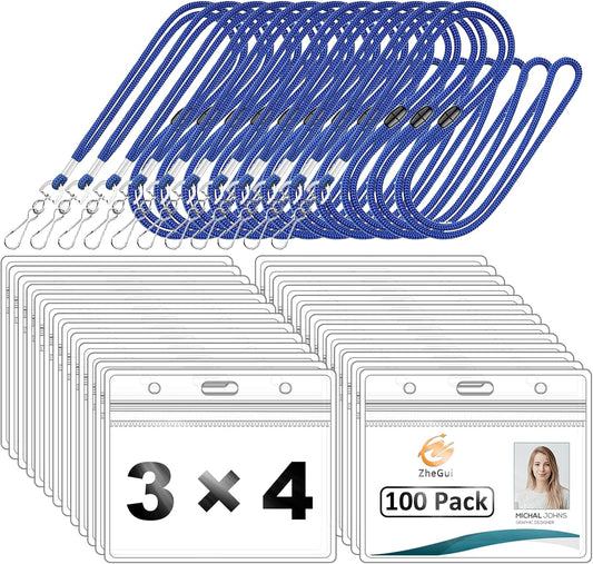 Badge Holder with Breakaway Lanyards, 100 Pack Clear Plastic Horizontal Name Tag Holder with Safety Lanyard Heavy Duty Waterproof Resealable Zip PVC ID Card Holders (Blue, 4x3 Inch)