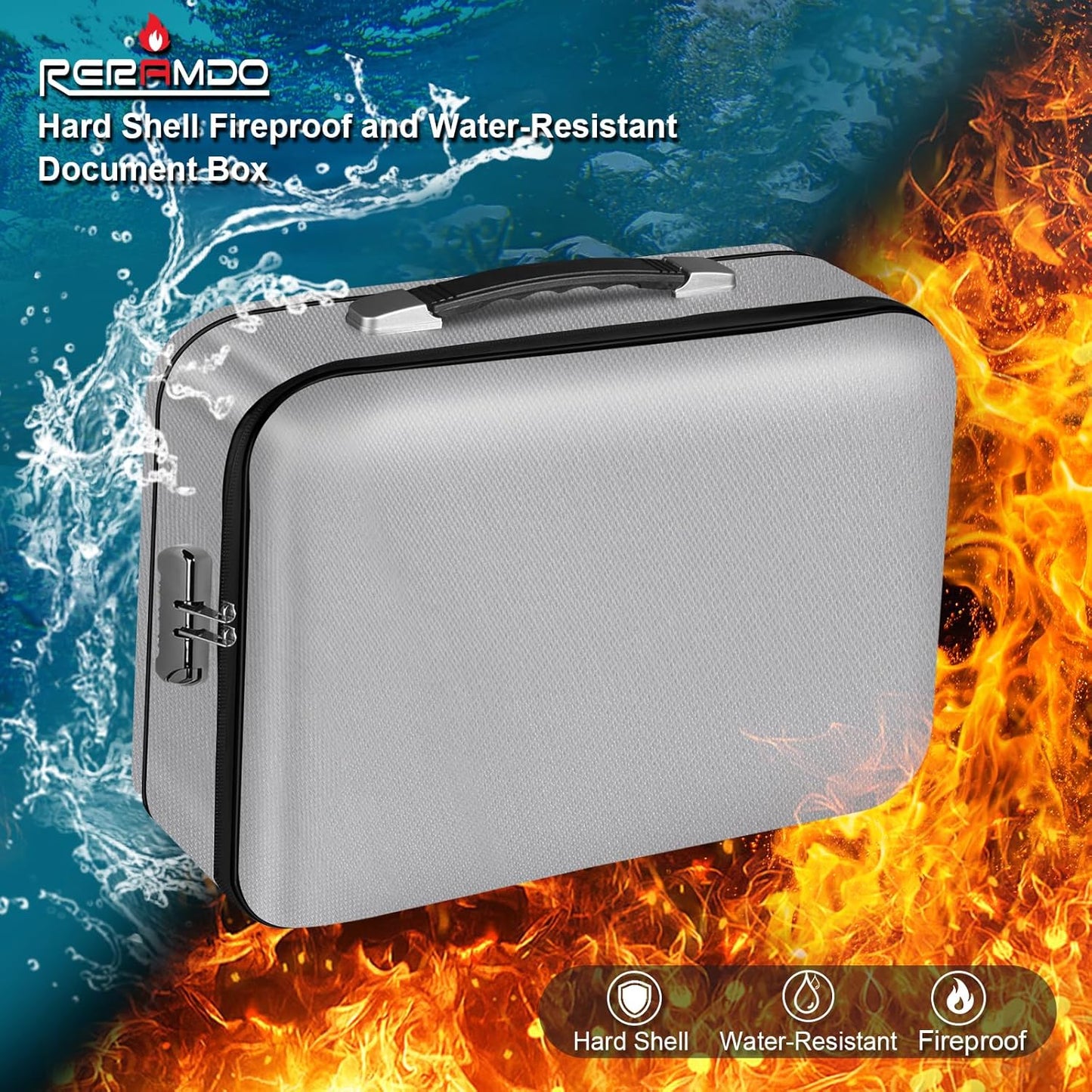 Fireproof Document Box, Hard Shell Fireproof Box, Document Organizer with Lock, Fireproof Water Resistant box, Portable Documents Safe Box for Important Document Certificates, Laptop, Passports,Silver