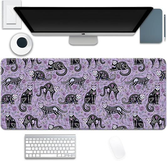 Gothic Cat Skeleton Flowers Mouse Pad,Extended Cat and Floral Mousepad Desk Pad with Stitched Edges,Non-Slip Waterproof Rubber Base Mouse Mat for Office Computer Keyboard Laptop Home(27.5x11.8 in)