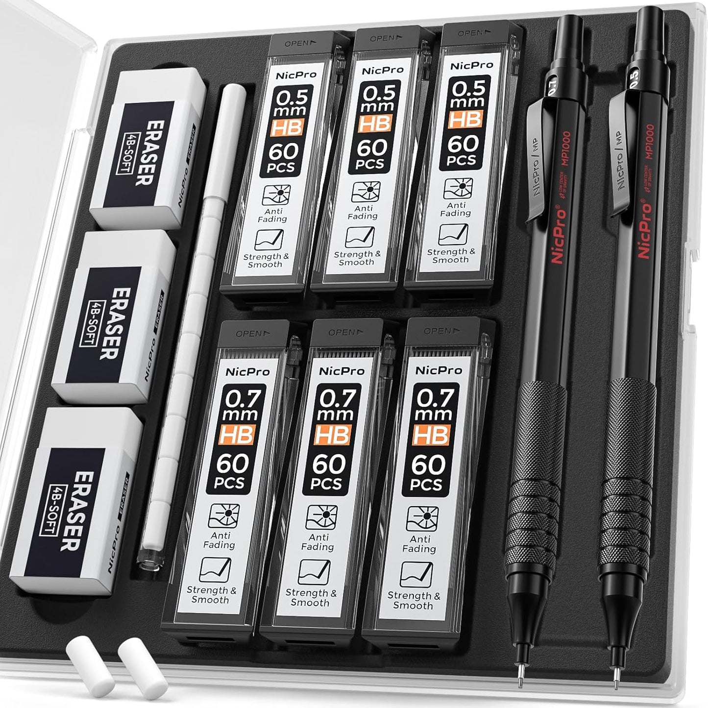 Nicpro 2 PCS Mechanical Pencil 0.5mm & 0.7 mm with Case, MP1000 Metal Artist Pencil Set with 4 Tubes HB Lead Refills, 2 Erasers, 9 Eraser Refills For Art Writing Drafting, Drawing, Sketch, Black
