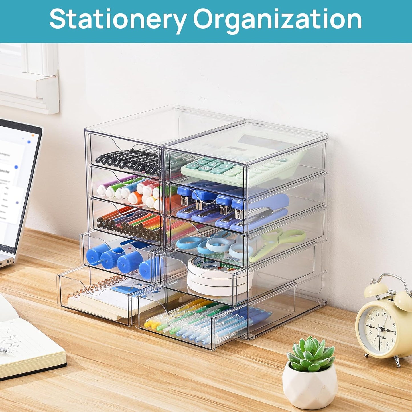 Vtopmart Acrylic Organizer with 10 Drawers, Desk Organizers and Accessories, Clear Makeup Organization, Dustproof Storage Drawers for Office Art Craft Supplie