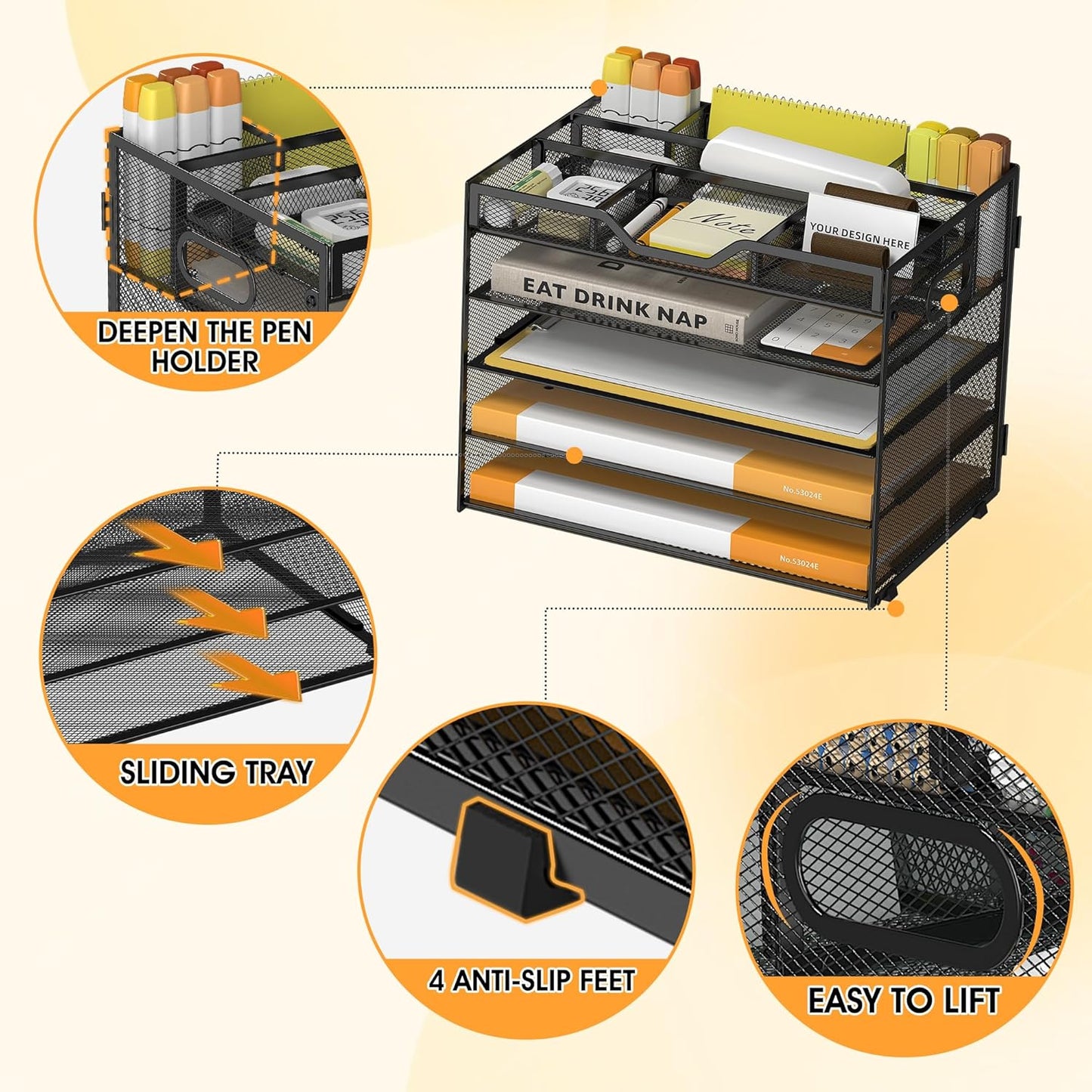 5 Tier Paper Letter Tray with 3 Drop-in Pen Holders, Mesh Desk File Organizer with Handle, Desk Organizers and Accessories for School,Home, Office Supplies Storage-Black