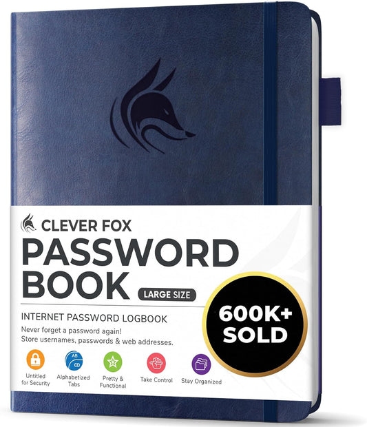 Clever Fox Password Book with alphabetical tabs. Internet Address Organizer Logbook. Large Password Keeper for Website Logins (Dark Blue)