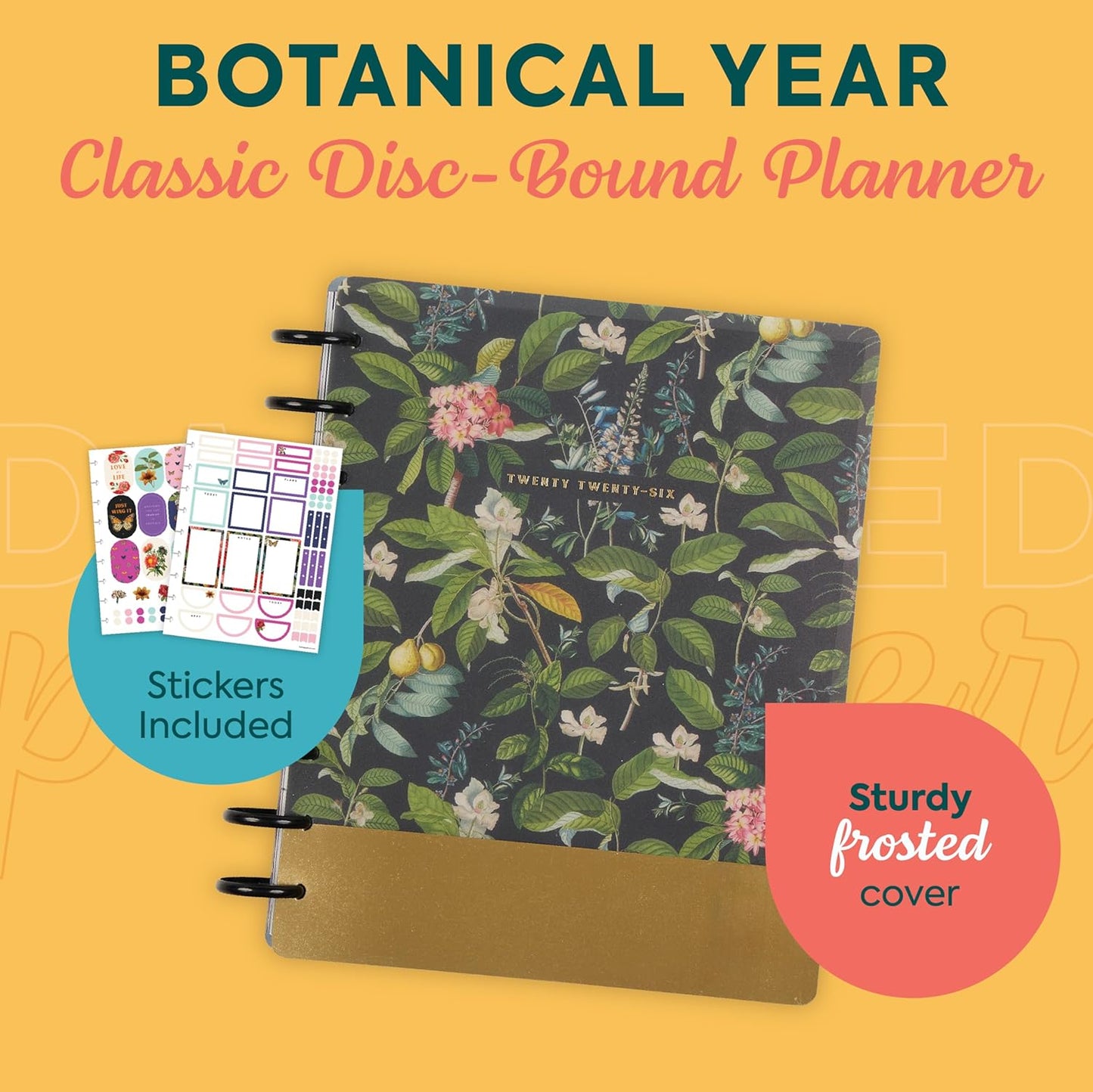 Happy Planner Disc-Bound Planner Jan.–Dec. 2026, Includes 3 Extra Months and 2 Sticker Sheets, Classic Size, 7" x 9.25", Dashboard Layout, Botanical Year