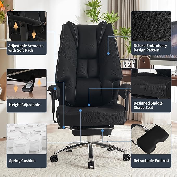 Big and Tall Office Chair 400lbs Wide Seat, Leather High Back Executive Office Chair with Foot Rest, Ergonomic Chairs Lumbar Support for Lower Back Pain Relief (Mesh Black)