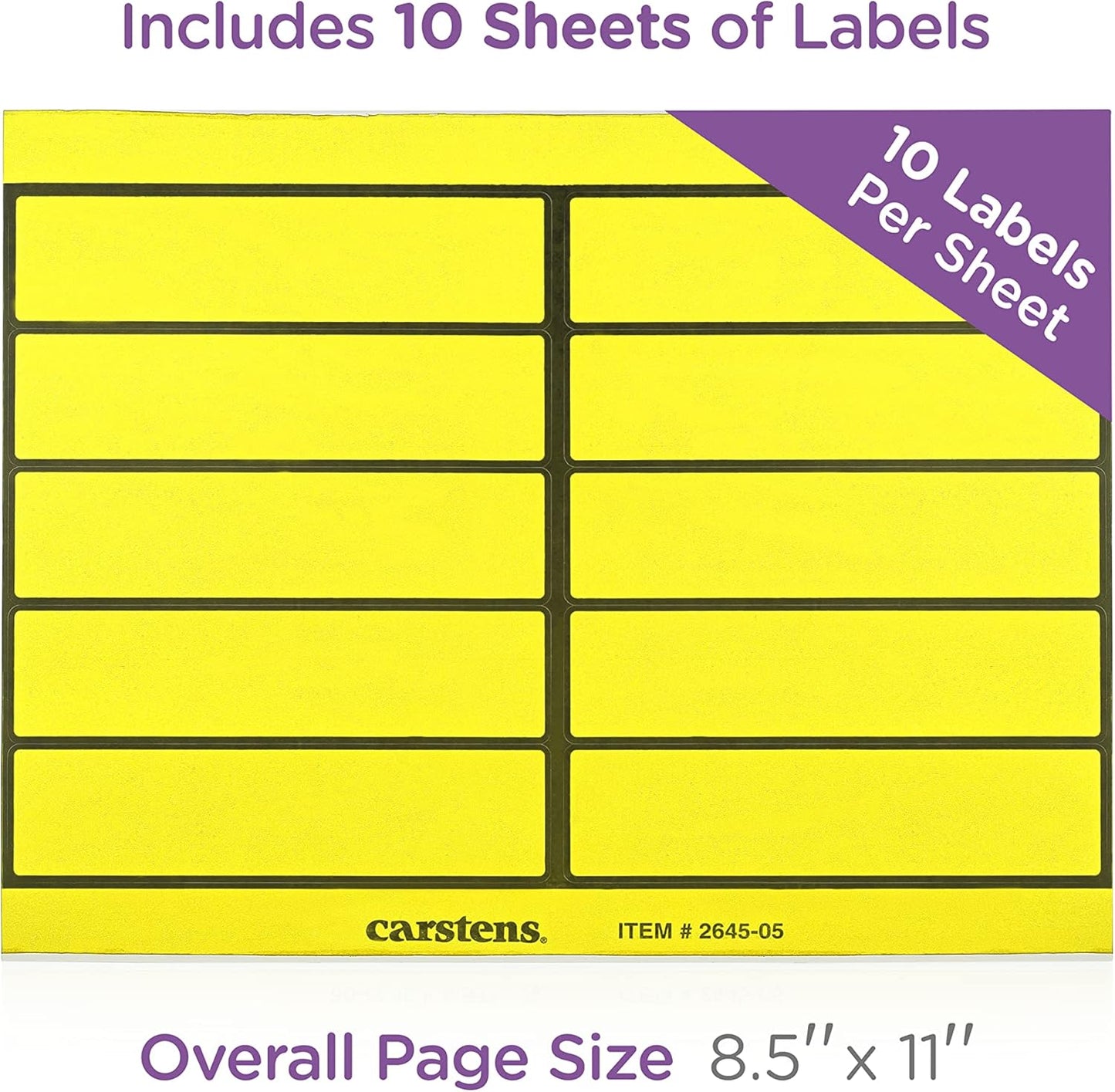 Carstens Adhesive Binder Labels, 5 3/8” x 1 3/8”, Stickers for 1.5” – 4” Ring Binder Spines, Inkjet and Laser Printer Compatible, Yellow, 20 Sheets, 10 Labels Per Sheet