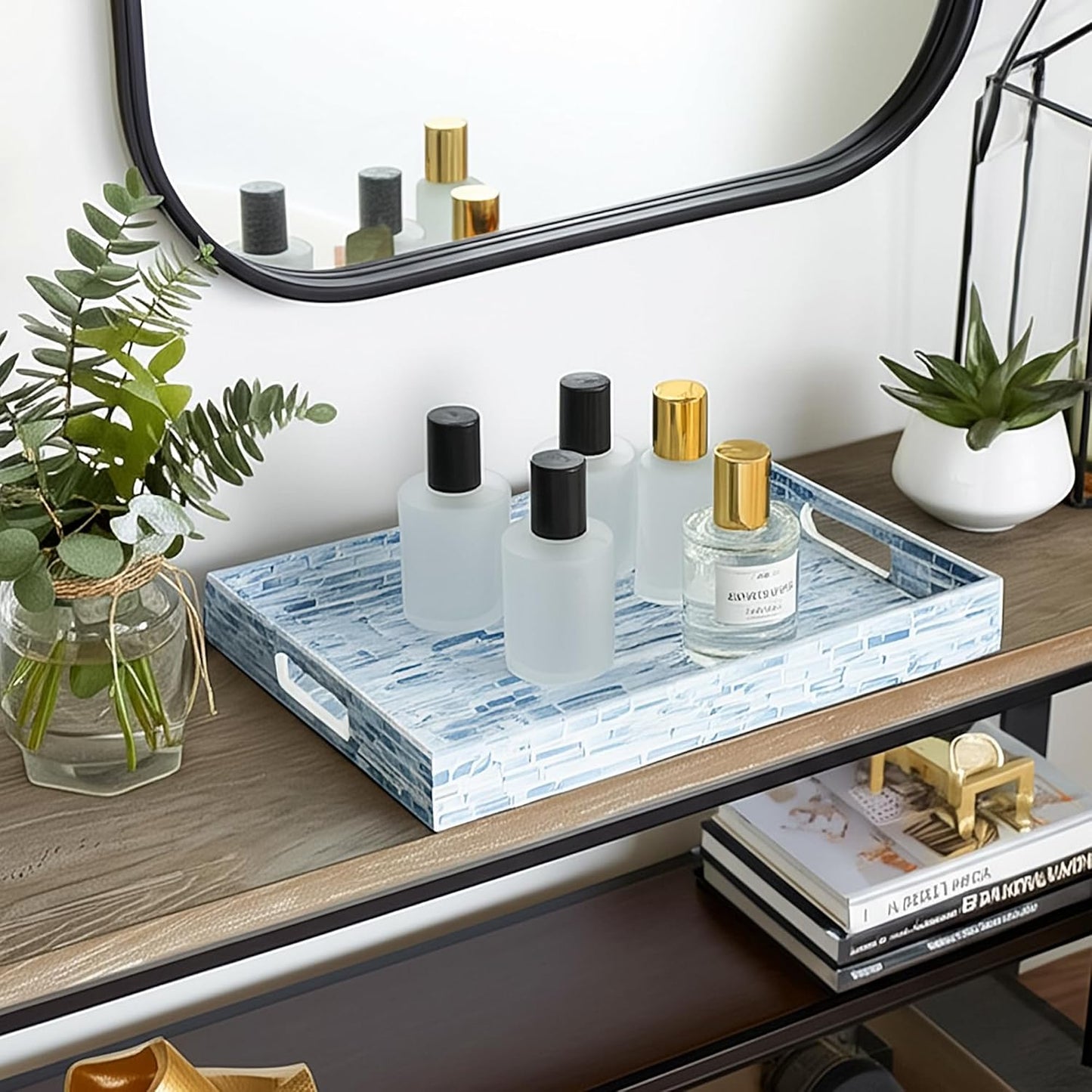 CLAYNIX Serving Tray 12.5 Inch, Wooden Lacquer Tray with Mother of Pearl Inlay, Elegant Tea & Breakfast Tray with Handles (Rectangle)