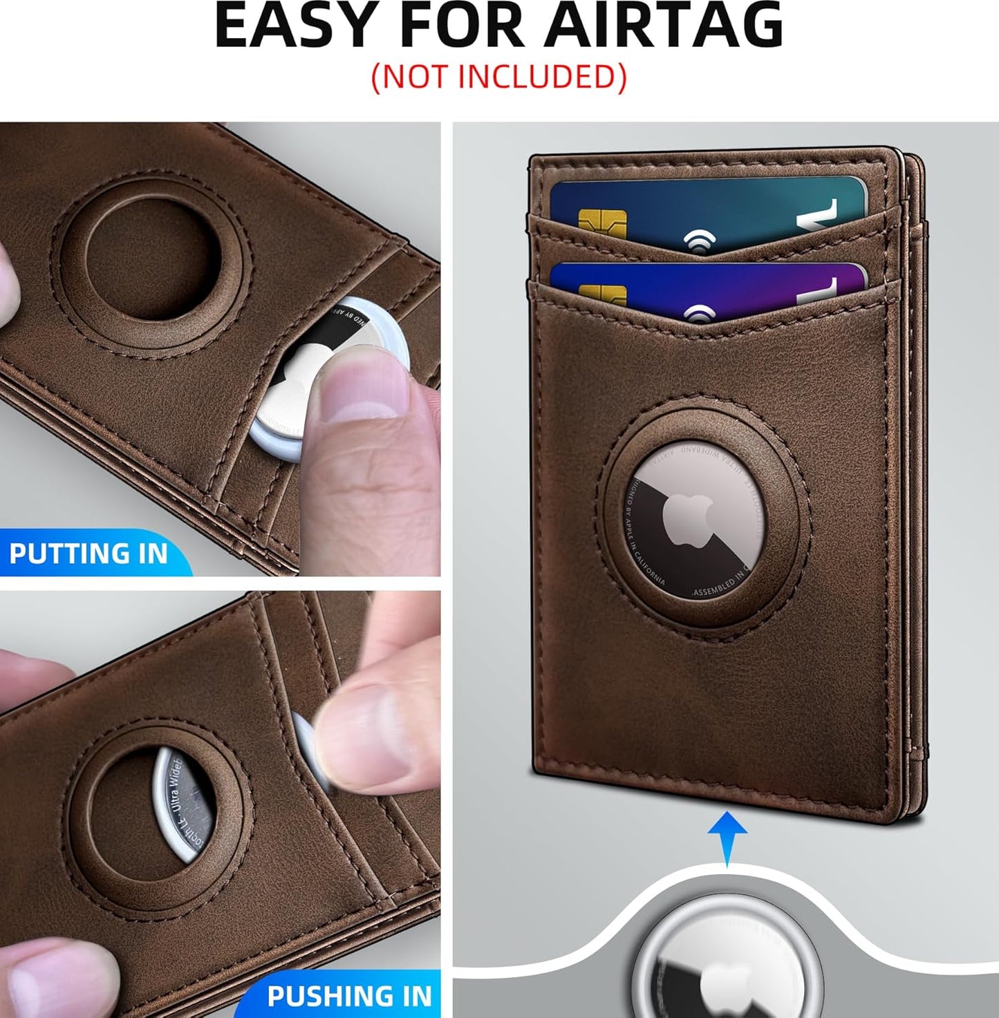 Airtag Wallet for Men- with Money Clip Gift Boxed, Magnetic Closure Slim Genuine Leather Front Pocket Wallet, 4.1"x 2.8", RFID Blocking
