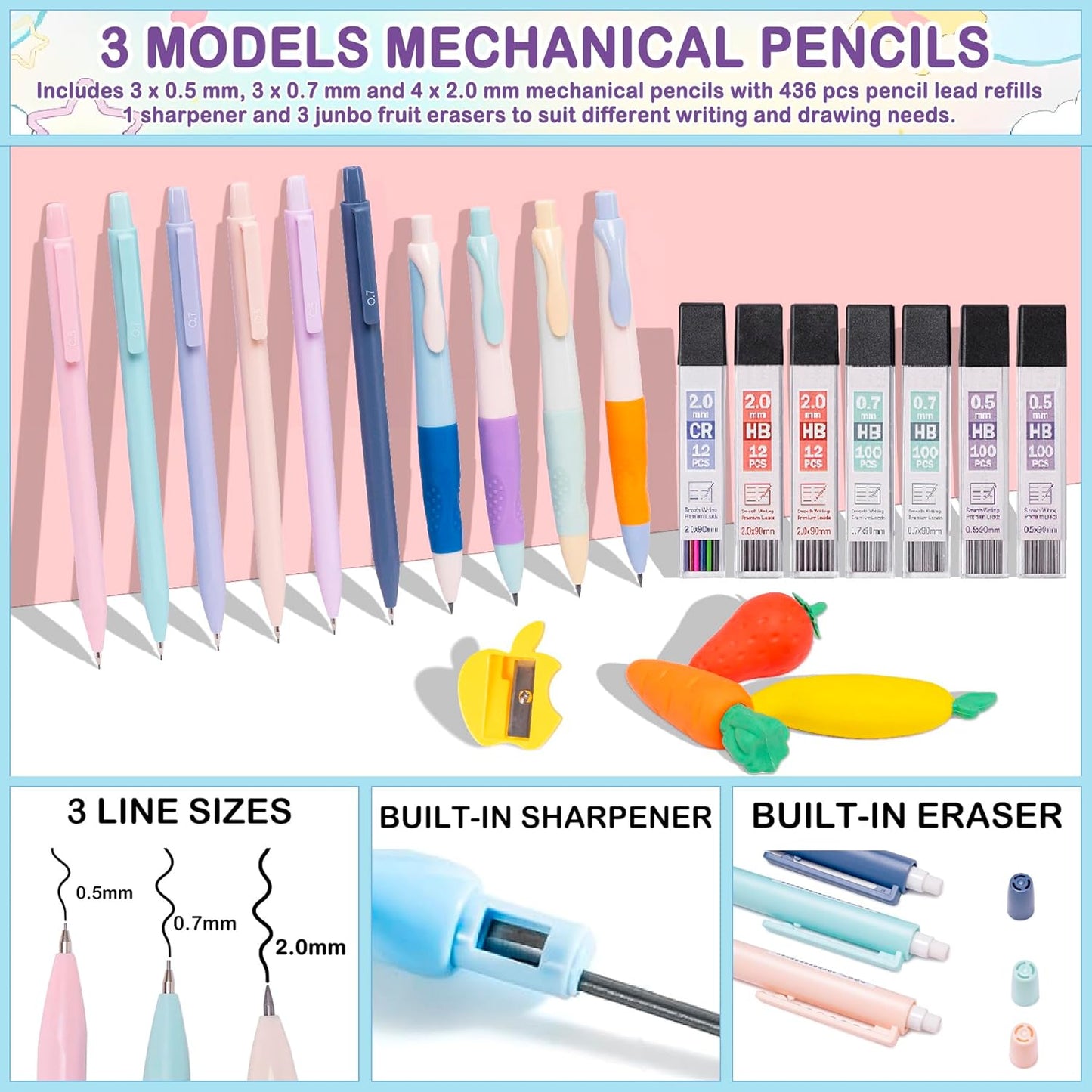 78PCS Mechanical Pencil Set 0.5, 0.7mm, 2.0mm Aesthetic School Supplies With Cute Pencil Case Pouch, 436PCS Lead Refills, 16 Gel Pens, 12 NO Bleed Highlighters