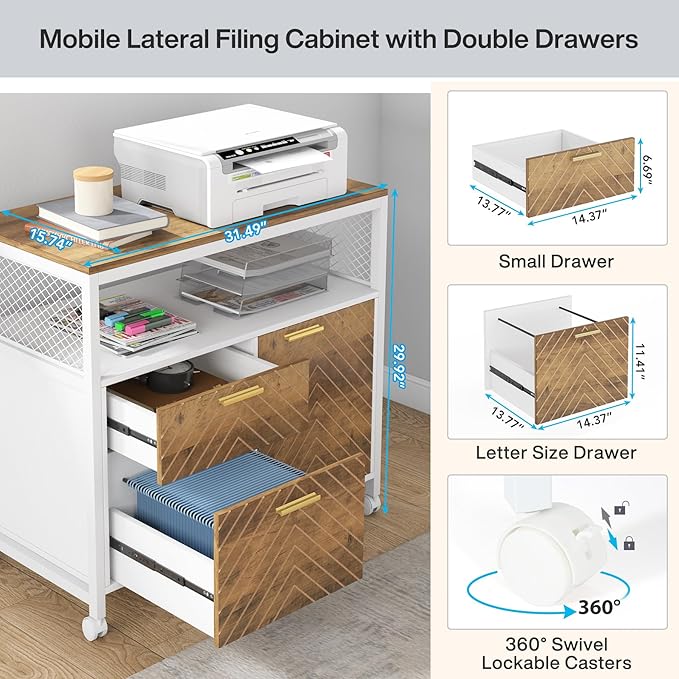 Tribesigns Modern File Cabinet with Drawers for Letter-Sized File and Door, lateral Filing Cabinet Printer Stand with Storage Shelves and with Rolling Caster for Home Office