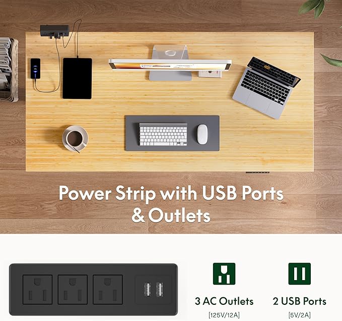 FLEXISPOT EN2 Whole-Piece Bamboo Standing Desk with Clamp Power Strip, 48 x 24 Electric Stand Up Height Adjustable Desk with Cable Management (Grey Frame + 48" Bamboo Top, 2 Packages)