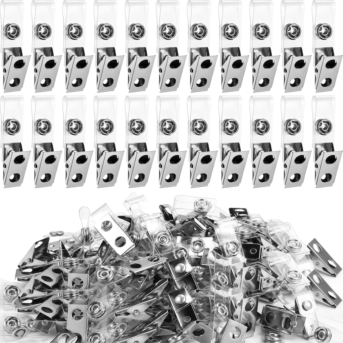 200 Pack Metal Badge Clips with Clear PVC Straps Double Hole ID Badge Clips for Name Tag ID Cards and Badge Holders, Office Supplies
