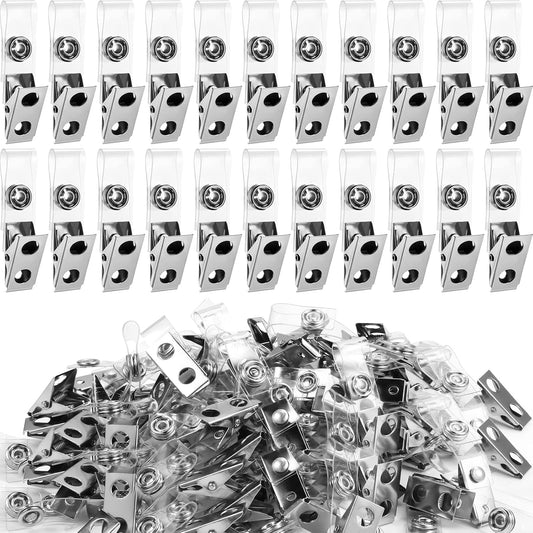 200 Pack Metal Badge Clips with Clear PVC Straps Double Hole ID Badge Clips for Name Tag ID Cards and Badge Holders, Office Supplies