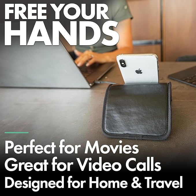 Folden Airplane Phone Holder, Flexible Cell Phone Holder, Folding Cellphone Stand for Desk, Bed, Office, Treadmill - Airplane Gadgets for Long Travel Accessories - Plane Essentials (Vegan Leather)