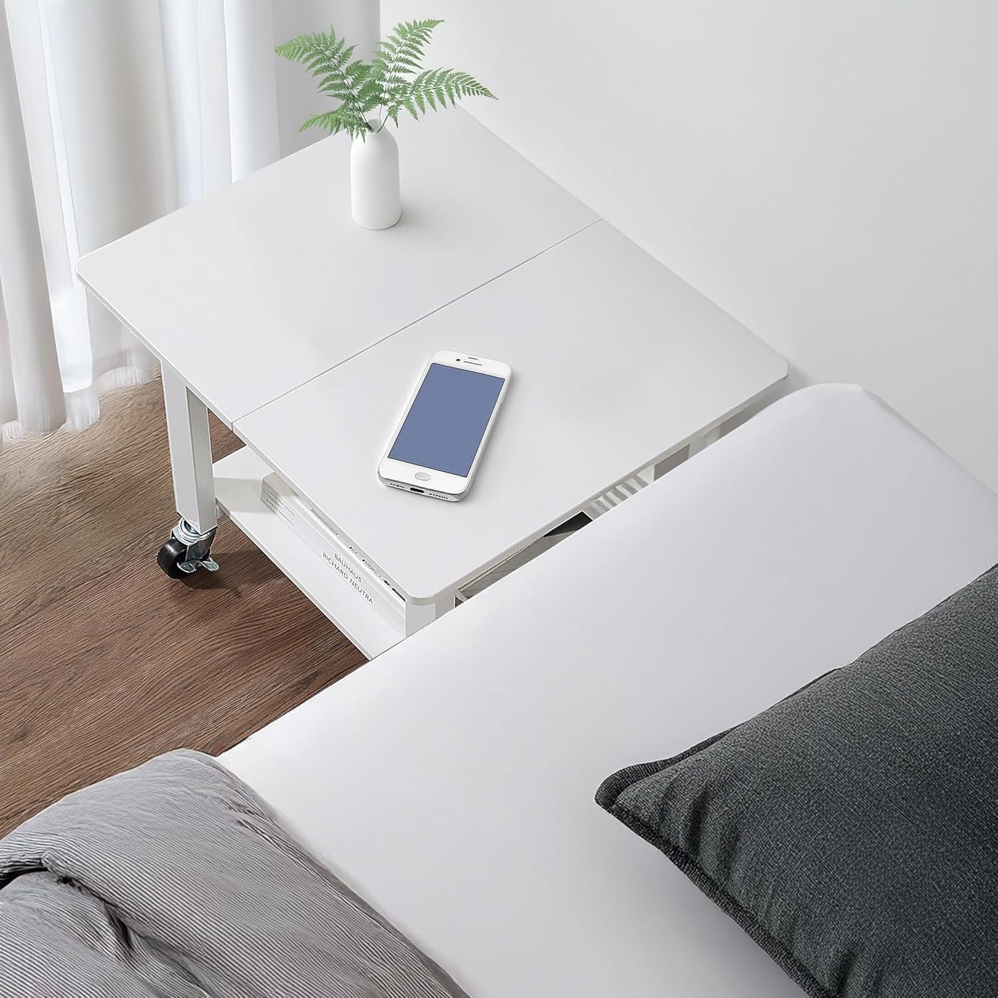 SunnyPoint 2-Tier Under Desk Printer Stand with Storage Shelf and Steel Frame, Industrial Mobile Printer Cart Holder with Lockable Wheels for Home and Office (WHT)