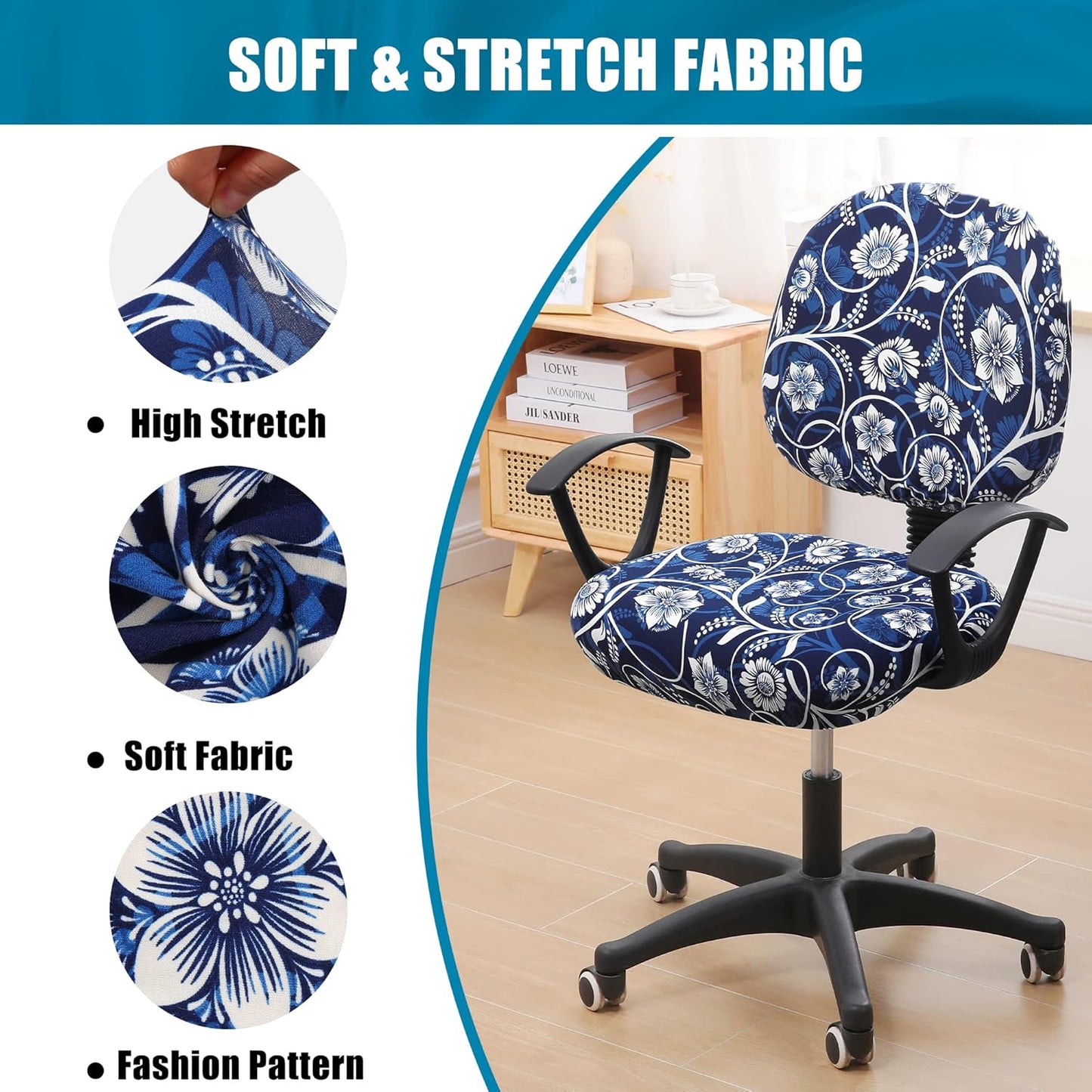 Smiry Stretch Printed Office Computer Chair Covers, Universal Washable Removable Desk Rotating Chair Slipcovers Protector, Seat + Backrest Cover - Navy Blue