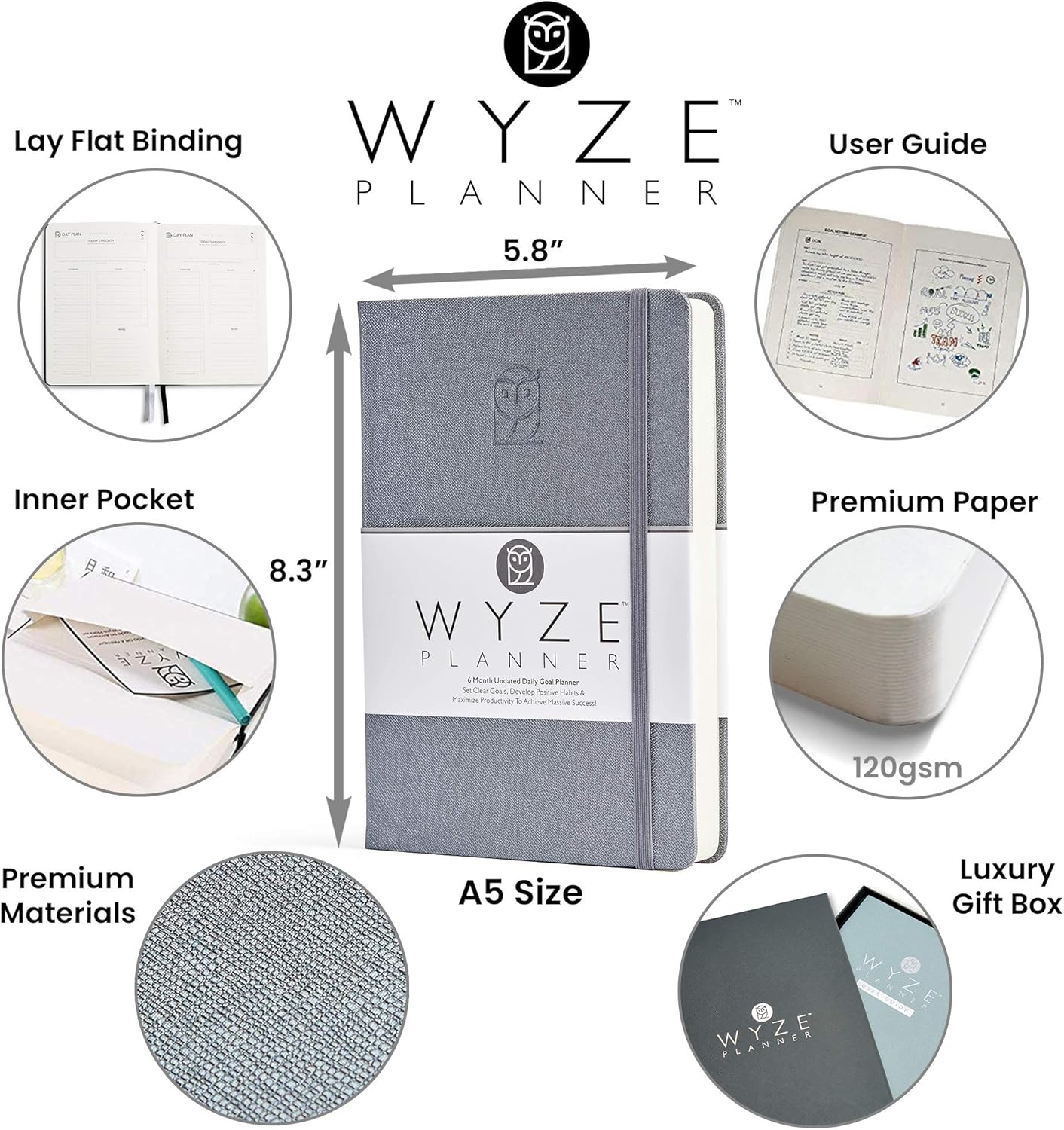 Undated Daily Planner – 6-Month A5 Productivity Organizer with Full Page Per Day, Hourly Schedule, Goal Setting, Habit Tracker, Weekly & Monthly Pages – Hardcover Time Management Notebook (Gray)