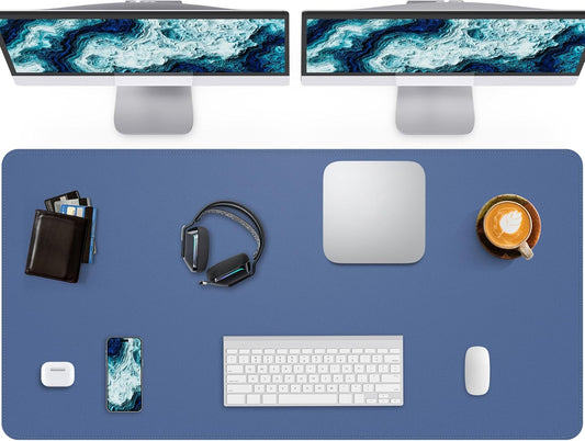 Large Desk Pad Mat - Waterproof Mouse Pad & Desk Protector, Non-Slip XL PU Leather Gaming Mat for Keyboard/Mouse, Stitched Edge with Ergonomic Support, 47"x17" (Blue Grey)