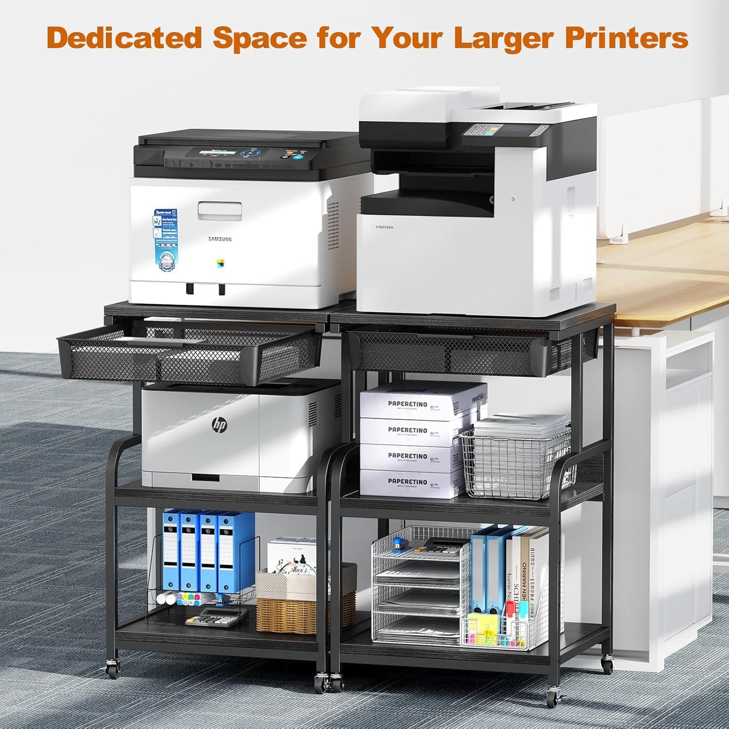 EasyCom Large Printer Stand with Storage Drawer, 5 Adjustable Shelf & 3-Tier Rolling Cart with Industrial Wheels for Desk, Mobile Printer Table for Home Office Fits 3D Printer Scanner Fax Black