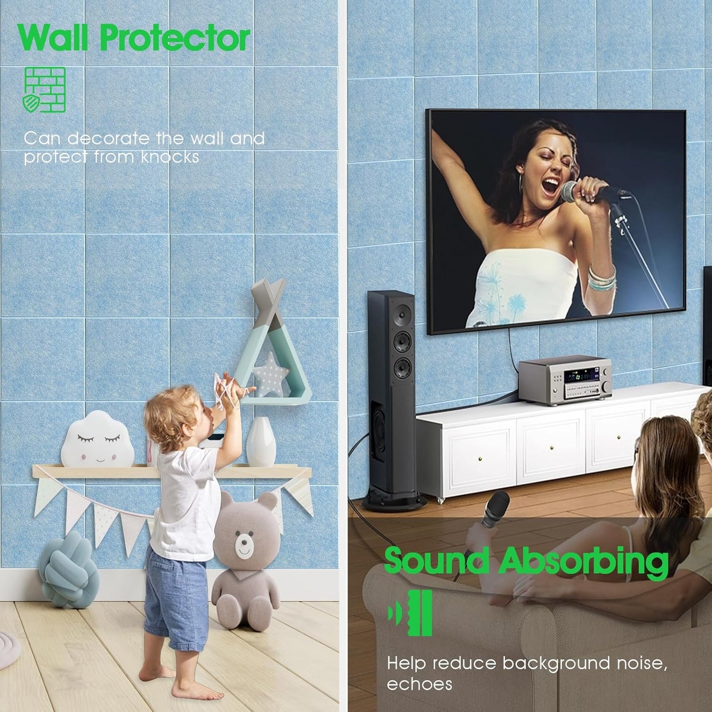 Large Cork Board for Office Wall Decor,48"x36"-12 Pack Felt Wall Tiles with 35 Push Pins, Thicker 0.47in, Felt Bulletin Board Pin Board Cork Boards for Walls - Light Blue