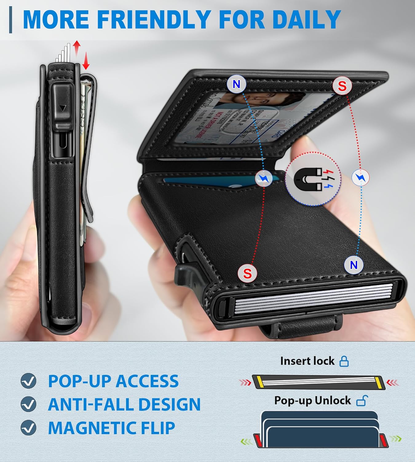 Airtag Wallet for Men,with Money Clip Gift Boxed,Slim Front Pocket Wallet RFID Blocking Metal Case Smart Pop-up Credit Card Holder in Magnetic Leather Flip