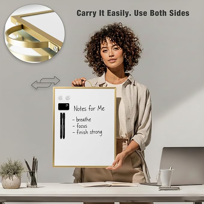 Small Whiteboard 12 x 16 Inch Magnetic Dry Erase Board with Handle | Gold Aluminum Frame | Double-Sided Portable Desktop Board | 2 Markers, Eraser & 2 Magnets