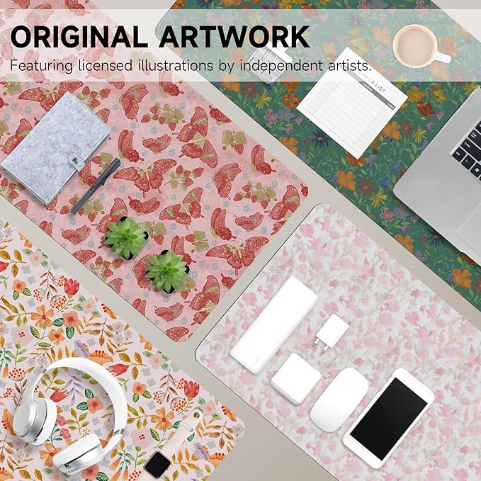 Botanical Floral Desk Pad Blotter,Large Mouse Pad 35 x 17in,PU Leather Desk Mat Writing Pad Protector, Non-Slip Waterprrof,Desktop Decor for Home Office Women Girls (Pink Stawberry Butterfly)