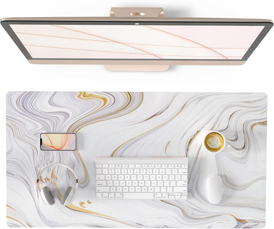 QIYI White Mouse Pad, Cute Marble Large Desk Mat, PU Leather Desk Protector Mousepad, Gold Grey Striped Waterproof Computer Keyboard Gaming Mouse Pads, Non Slip Extended Writing Pad 31.5" x 15.7"