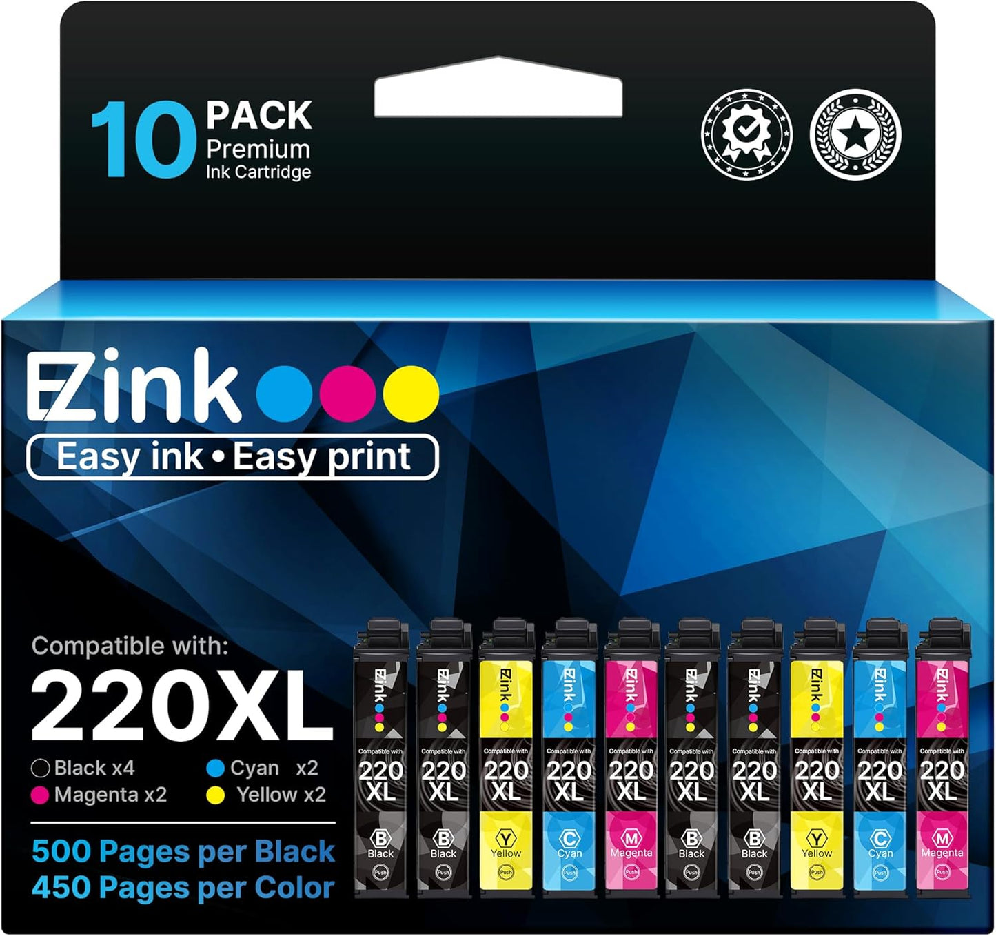 E-Z Ink Remanufactured Ink Cartridge Replacement for Epson 220 XL 220XL T220XL to use with WF-2760 WF-2750 WF-2630 WF-2650 WF-2660 XP-320 XP-420 XP-424(4 Black, 2 Cyan, 2 Magenta, 2 Yellow) 10Pack