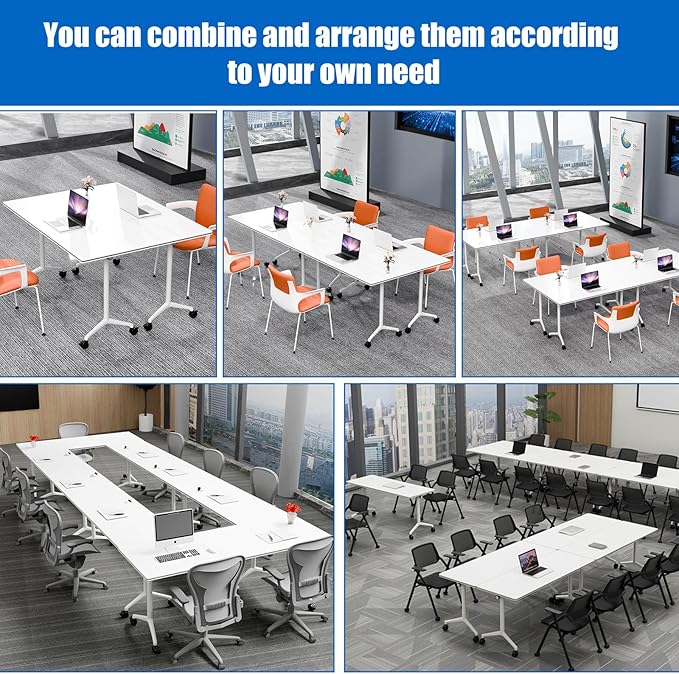 Conference Table, Folding Conference Desk Modern White, Seminar Table with Wheels, 2-10 People for Office, Meeting Break Room (6, 1915, 61IN)