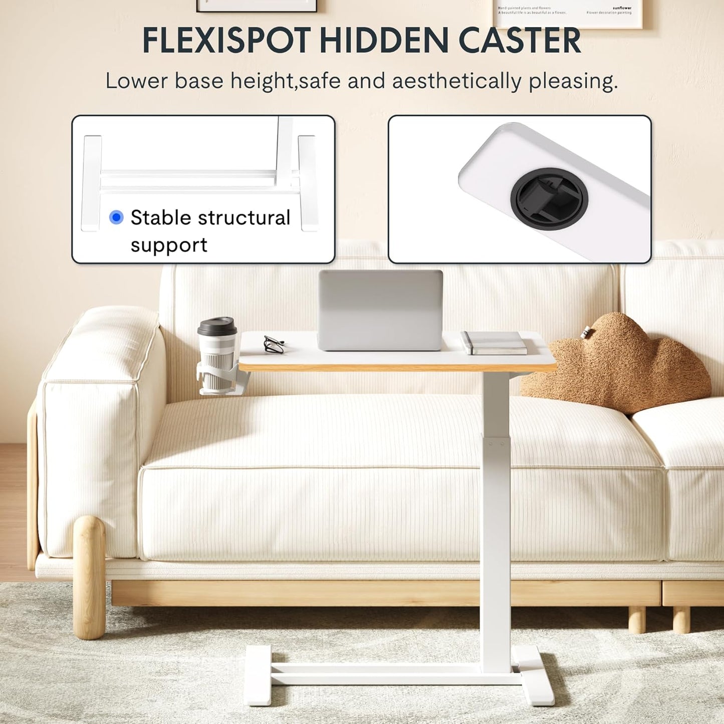 FLEXISPOT Mobile Standing Desk with Wheels Pneumatic Laptop Desk Rolling Computer Cart Movable Height Adjustable Small Sit Stand Desk Computer Workstations Home Use（27.6" W x 15.7" D,White+Maple