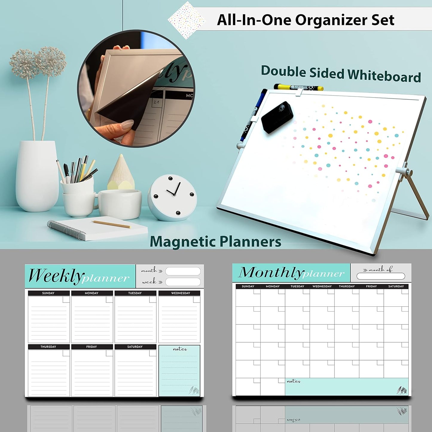 Dry Erase White Board for Desktop & Wall 12"x16" with 2 Magnetic Removable Planners - Weekly & Monthly to Do List Board with Stand, 6 Markers Eraser & Wall Hangers - Portable Double Sided Magnetic