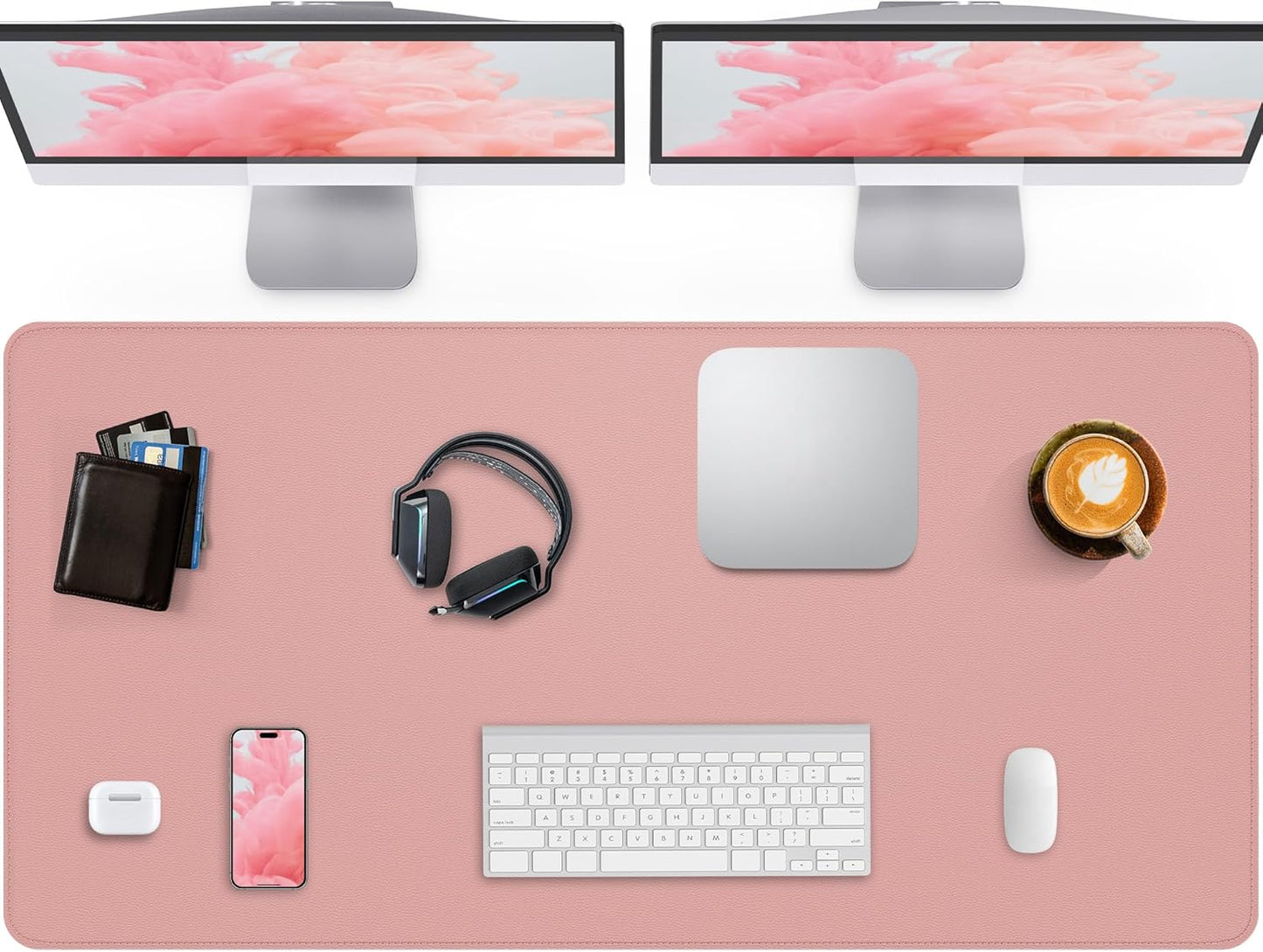 Large Desk Pad Mat - Waterproof Mouse Pad & Desk Protector, Non-Slip XL PU Leather Gaming Mat for Keyboard/Mouse, Stitched Edge with Ergonomic Support, 47"x17" (Pink)