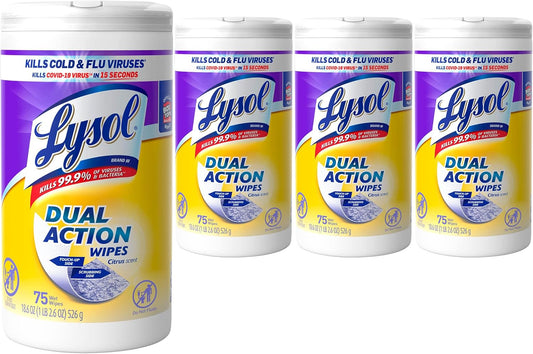 Lysol Dual Action Disinfectant Wipes, Multi-Surface Antibacterial Scrubbing Wipes, For Disinfecting and Cleaning, Citrus Scent, 75ct (Pack of 4), Packaging May Vary