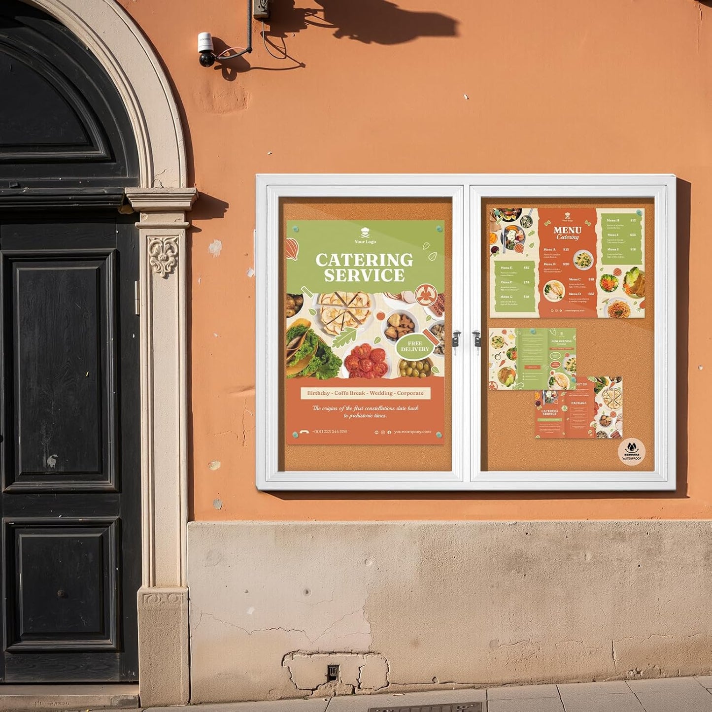 Outdoor Enclosed Cork Bulletin Board 44x32 Inch, Double Door Lockable Wall-Mounted Weatherproof Display Case, Tamperproof Notice Memo Poster Board with Aluminum Frame for Office, School, Community