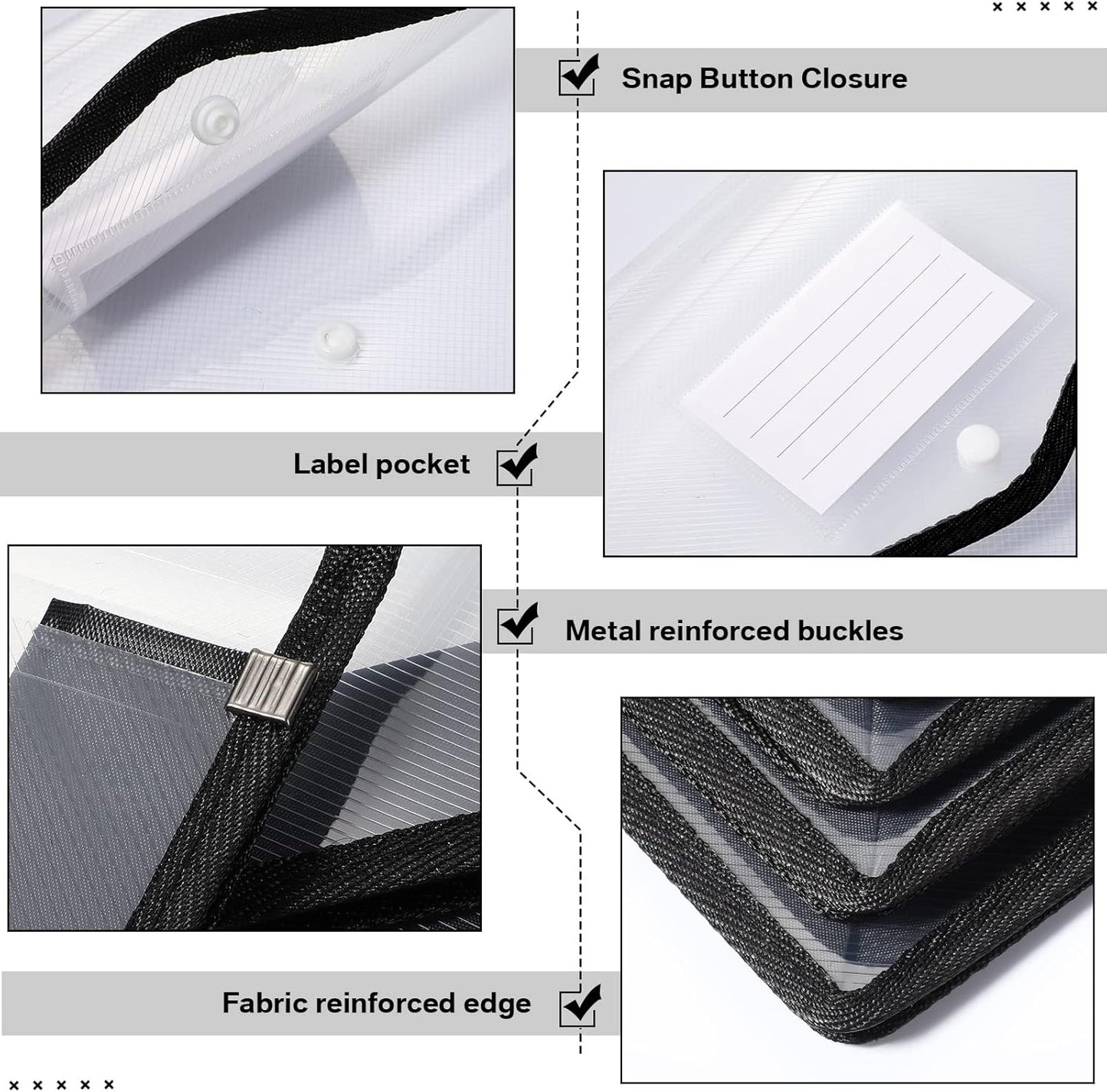 10 Pieces Plastic File Folders Envelope Expanding File Wallet Organizer Documents Folder with Snap Closure and Pocket, A4 Size Waterproof Transparent Pouch(Black,Horizontal)