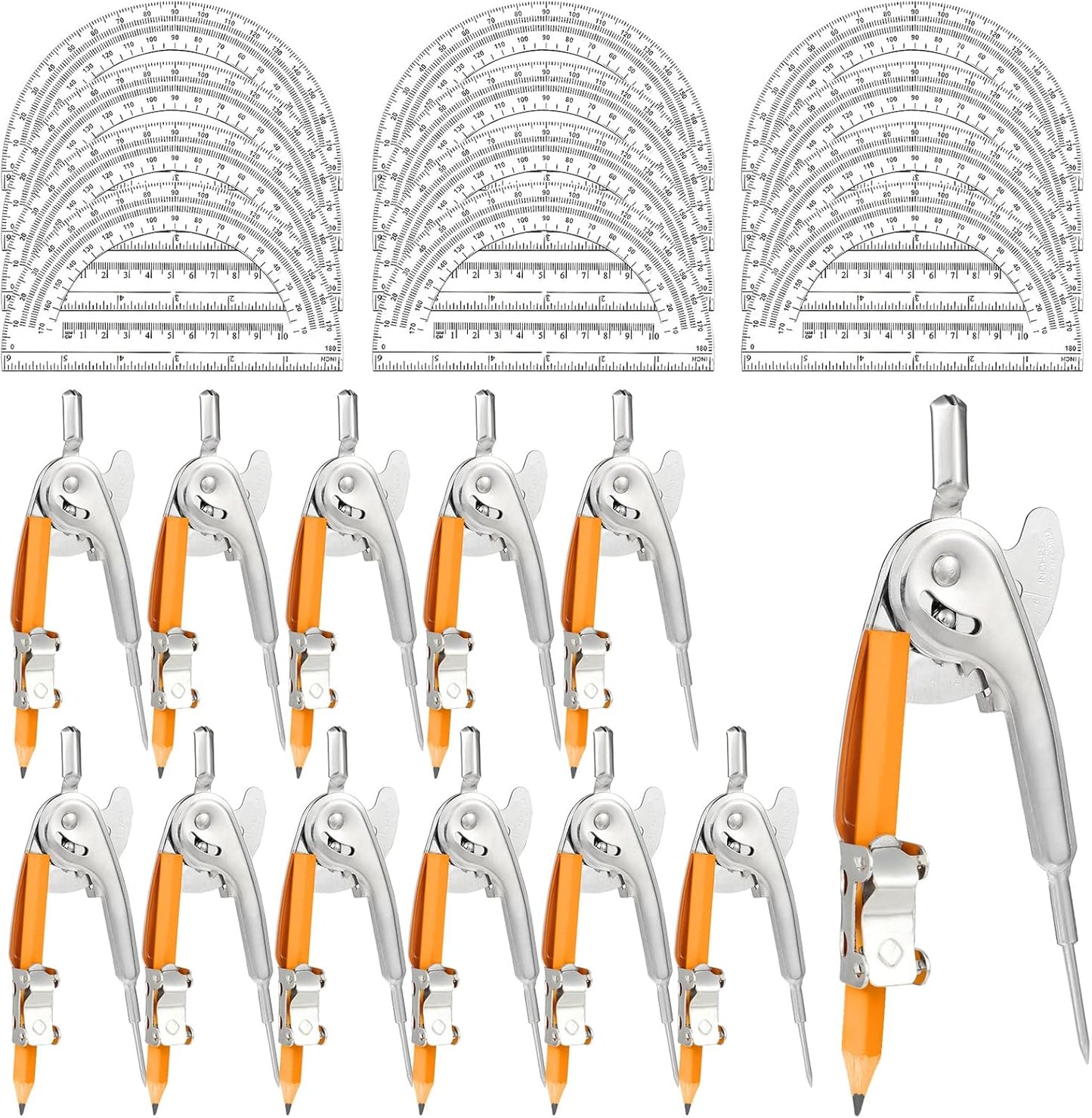 24 Pack Geometry Tool Set, Math Compass for Geometry and 6 Inch Protractor Set Include Metal Compass with Pencil and Clear Plastic Protractor for Student Classroom Office Woodworking Art Drawing