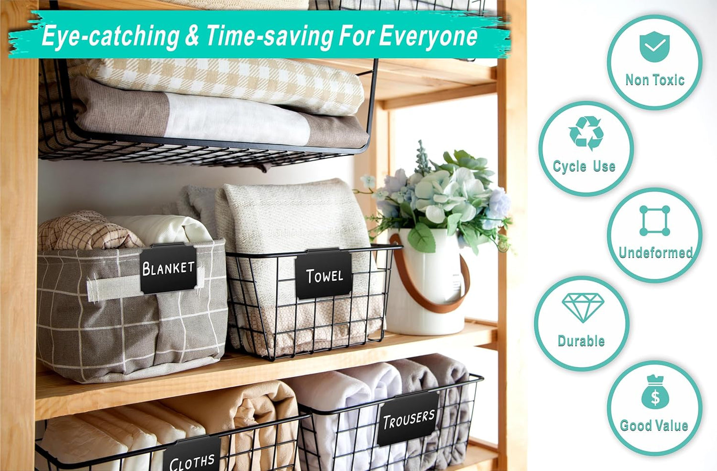 54-Piece Set of Basket Labels Clip On For Storage Bins: 20 Erasable Plastic Kitchen Pantry Labels, 32 Removable PVC Tag Stickers, 2 White Chalk Markers, For Organization Container, Jar, Shelf, Laundry